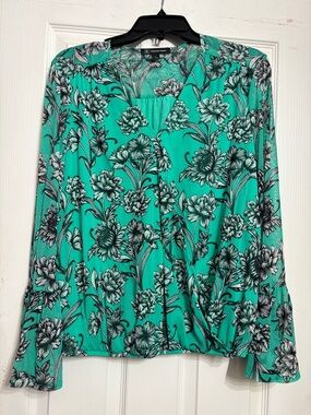 INC International Concepts Teal Floral V-Neck Long Sleeve Blouse
